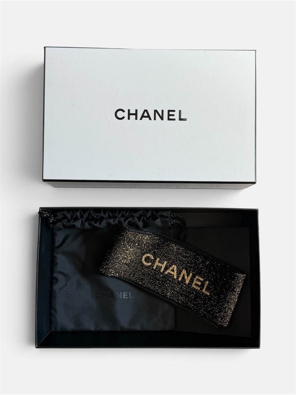 CHANEL BOX with Black and Gold Glitter Drawstring Pouch and ribbon